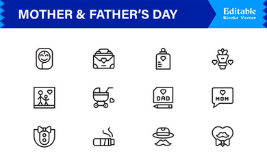 Mother And Father’s Day Line Icon Set – Modern Minimal Family Symbols, Parent Appreciation Line Icon Collection
