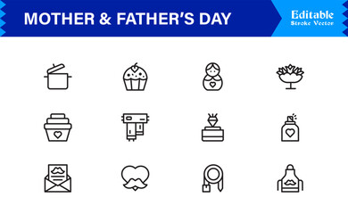 Mother And Father’s Day Line Icon Set – Modern Minimal Family Symbols, Parent Appreciation Line Icon Collection