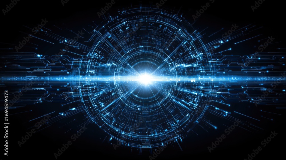 Poster a futuristic abstract design showcasing a bright central light, surrounded by dynamic digital patter