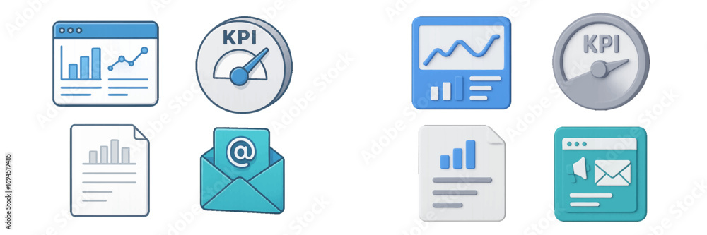 Poster business analytics and digital marketing icon set with kpi dashboard, data report, and performance m