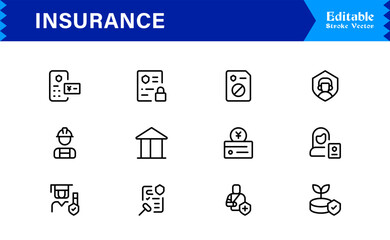 Professional Insurance Line Icon Set Featuring Modern, Minimal, Unique Designs for Clear, Premium Visuals in Finance, Risk, and Protection Concepts