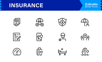 Professional Insurance Line Icon Set Featuring Modern, Minimal, Unique Designs for Clear, Premium Visuals in Finance, Risk, and Protection Concepts