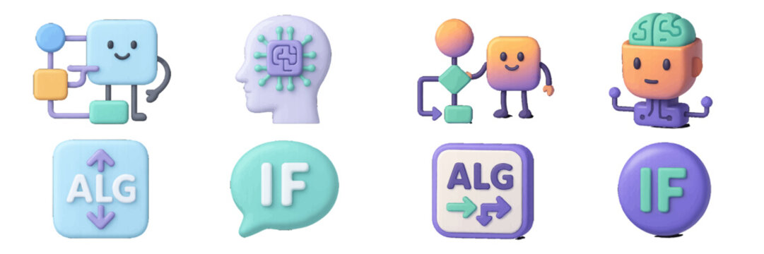 Collection of 3D rendered icons representing software development, data algorithms, and machine learning with friendly robot characters and symbols