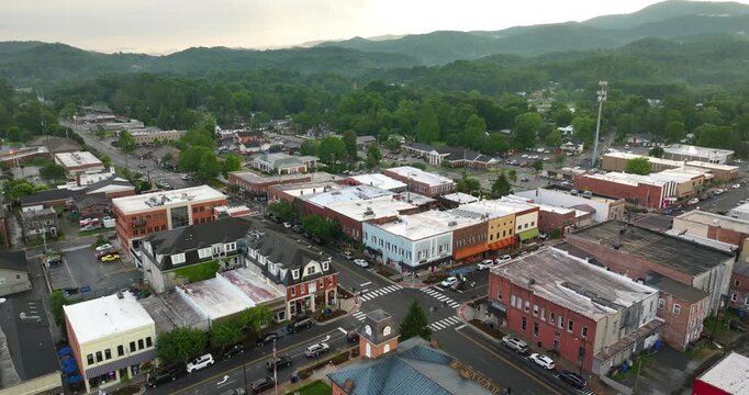 Aerial view of Brevard, North Carolina. Historic small town architecture in Appalachian Mountains, with classic American charm and scenic mountain surroundings.