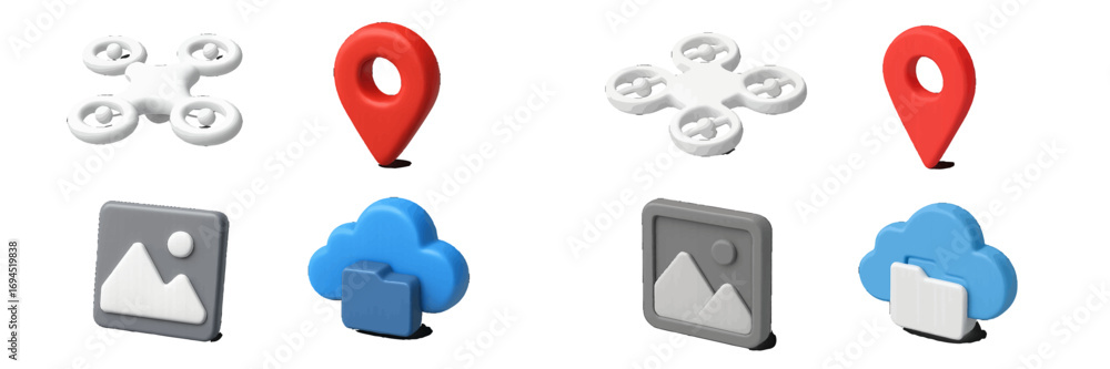 Poster volumetric 3d symbols with a quadcopter drone, red map pin, cloud storage folder, and picture for mo