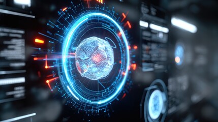A futuristic digital globe rotating within a high-tech interface, showcasing interconnected data graphics and glowing elements that represent global connectivity and innovation.
