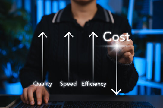 Business Efficiency and Cost Reduction Concept. Person analyzes data with arrows, increased quality, speed, and efficiency while cost decreases, productivity growth, effective cost management strategy