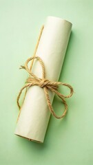 Beige paper with rolled edge and tied with brown twine in a rustic background