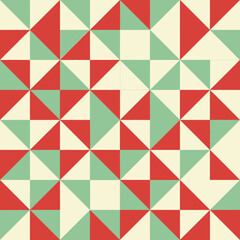 Seamless geometric pattern with alternating triangles and squares in a retro color palette of red, green, and cream, ideal for textile designs and digital backgrounds