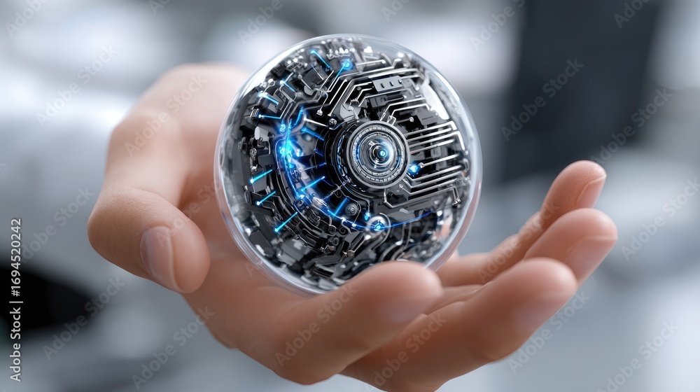 Poster a futuristic handheld device containing intricate circuitry and glowing elements, symbolizing the bl