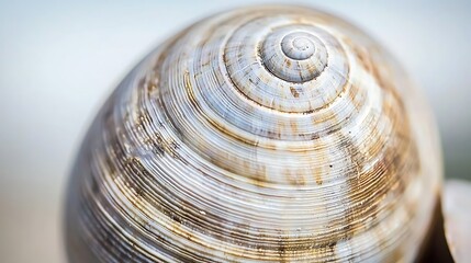 White seashell study in soft illumination, shot at 35mm f2, precise focus on spiral lines with subtle edge shadowing