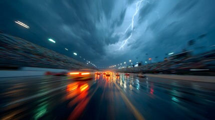 Intense Lightning Strikes Over Racing Track During Stormy Conditions