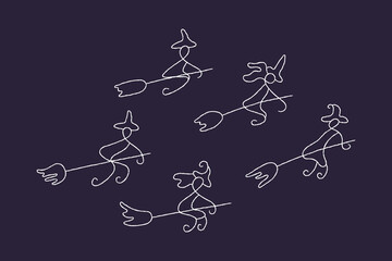 Witches flying on broomsticks hand drawn vector illustration