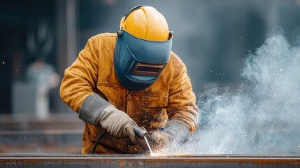 Skilled worker in protective gear welding metal structure, sparks flying, creating smoke, showcasing safety and craftsmanship in industrial environment