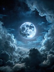 Dark vast night clouds cover the full moon