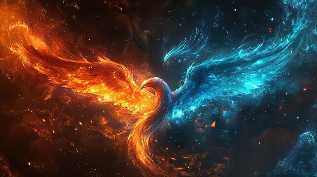 The blue and orange flames of the phoenix intertwine, creating an ethereal scene with swirling light effects