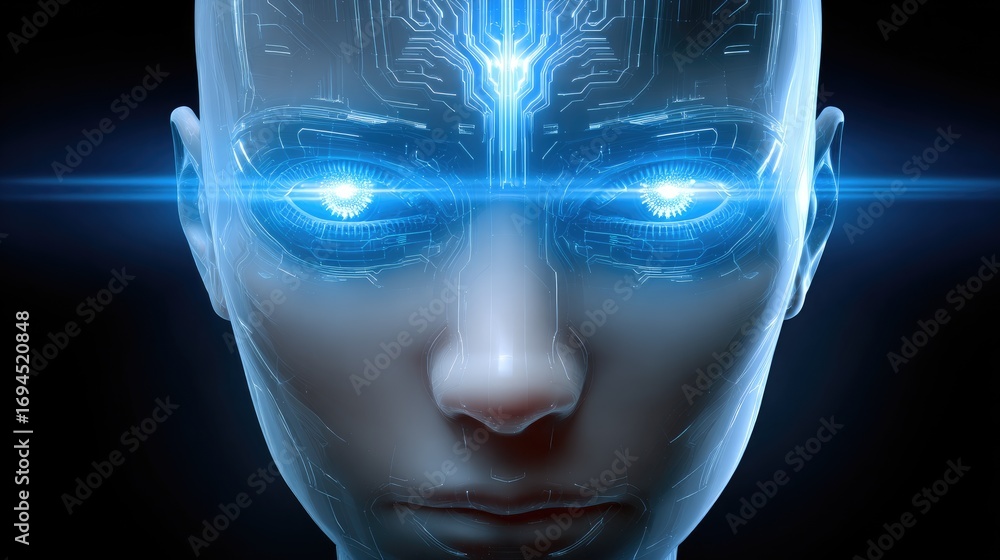 Poster a futuristic portrait of an ai humanoid with glowing blue eyes and digital circuitry, representing t