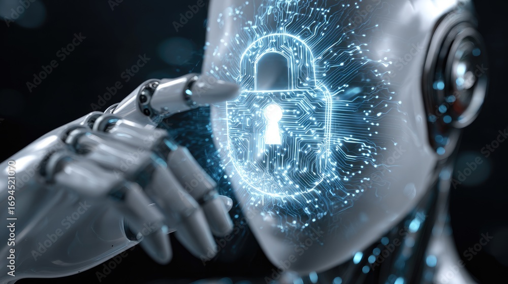 Poster a futuristic representation of a robotic face with a glowing lock symbolizing cybersecurity and adva