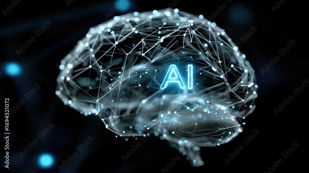 Poster a futuristic representation of an artificial intelligence brain, showcasing interconnected nodes and