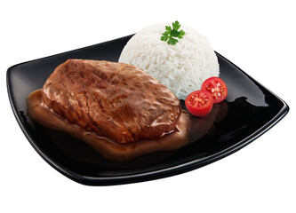 prato com filé bovino ao molho barbecue acompanhado de arroz branco e tomate cereja isolado em fundo transparente