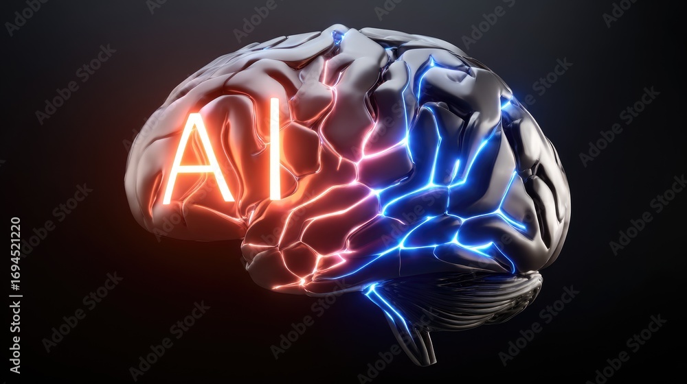 Poster a futuristic representation of artificial intelligence showcasing a stylized brain illuminated with 
