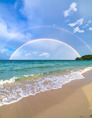 Double rainbow over a beach