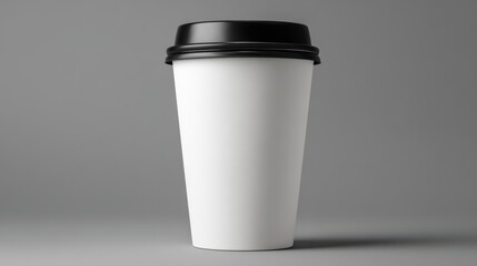Elegant photo of blank black and white disposable paper cup with plastic lid mock up isolated, 3d rendering. Empty polystyrene coffee drinking mug mockup front view. Clear.