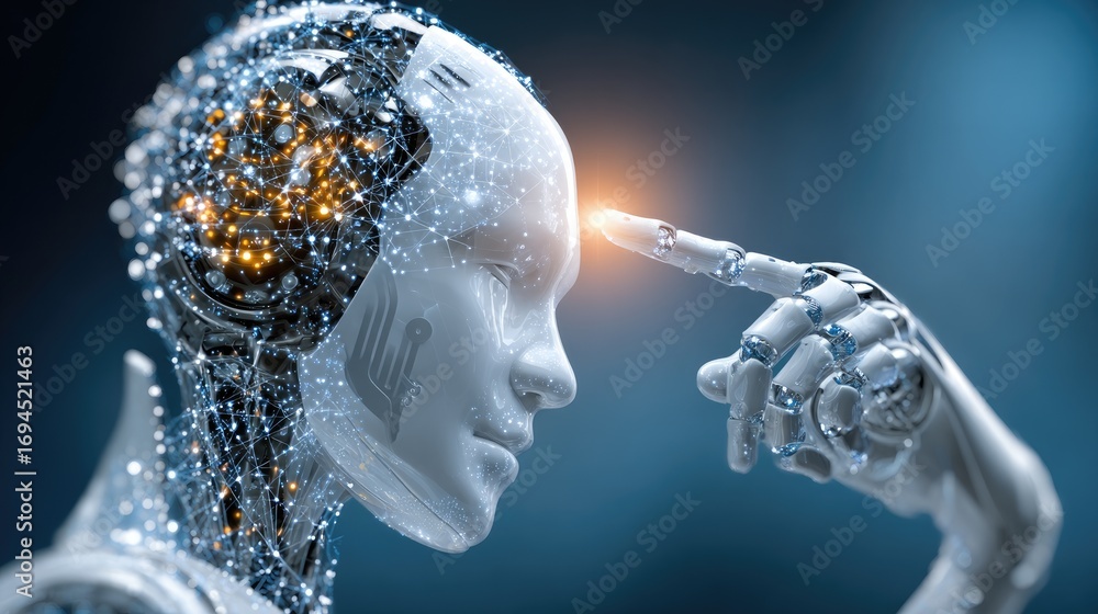 Poster a futuristic robotic figure with a glowing brain interface, symbolizing the intersection of technolo