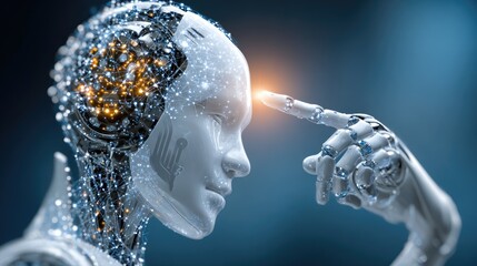 A futuristic robotic figure with a glowing brain interface, symbolizing the intersection of technology and human intelligence, focused on innovation and advanced artificial intelli