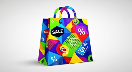 Dynamic shopping bag bursts with vibrant sale graphics, appealing to bargain hunters seeking great deals
