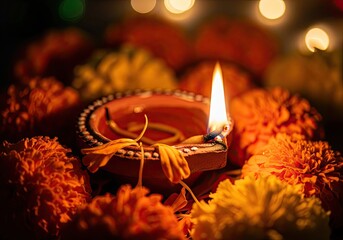 Illuminated Clay Diya Lamp with Marigold Flowers for Diwali Festival