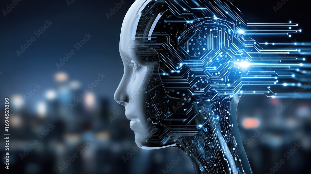 Poster a futuristic robotic head with intricate circuitry displaying digital connections, representing adva