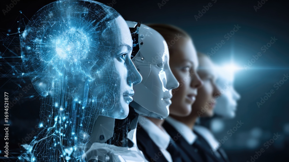 Poster a futuristic scene showcasing humanoid robots with advanced features, symbolizing the evolution of a