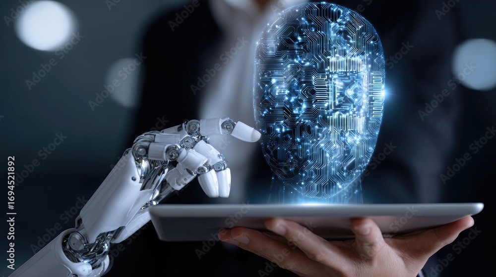 Poster a futuristic scene depicting a robotic hand interacting with a holographic human head representation