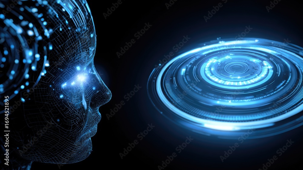 Poster a futuristic visual representation of artificial intelligence, showcasing a human-like face with dig