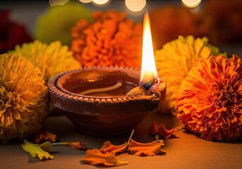 Illuminated Clay Diya Lamp with Marigold Flowers for Diwali Festival Celebration