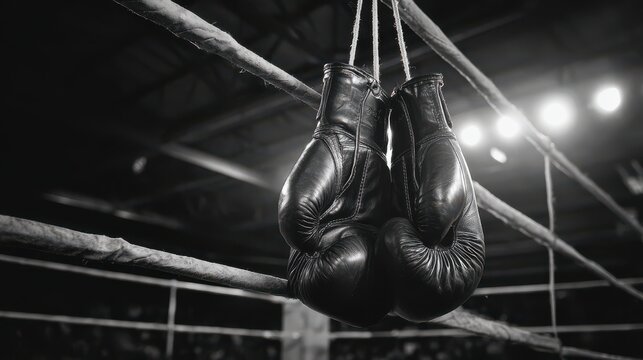 Elegant photo of boxing Gloves Hanging In A Boxing Ring.
