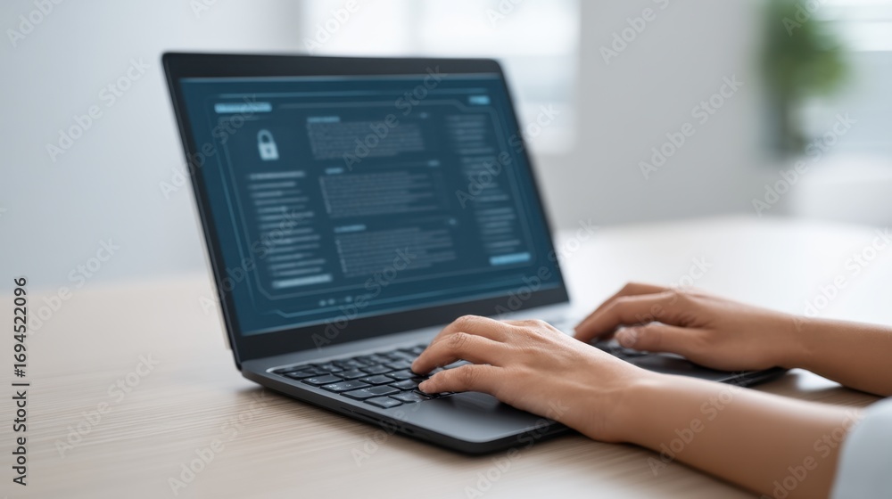 Aufkleber hands typing on a laptop computer with a futuristic dark screen displaying digital information and s