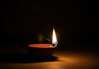 Illuminated Clay Diya Oil Lamp Burning Bright in Dark Background Diwali Festive Image