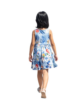 walking girl in a blue dress, view from behind, isolated on transparent background