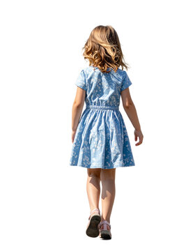 walking girl in a blue dress, view from behind, isolated on transparent background