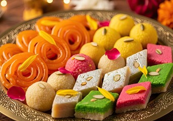 Assorted Colorful Indian Sweets Platter Jalebi Barfi Ladoo Festive Treats