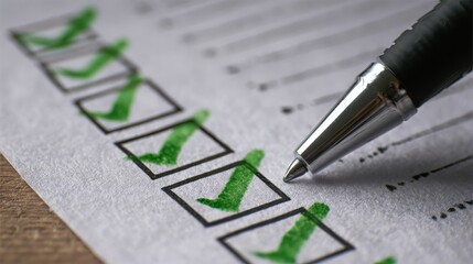 Elegant photo of checklist with green ticks symbolizing compliance in ESG practices. Pen marks completed tasks on paper. ESG, business, finance, corporate governance.