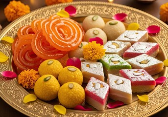 Delicious Assortment of Indian Sweets Jalebi Barfi and Motichoor Ladoo on Ornate Plate