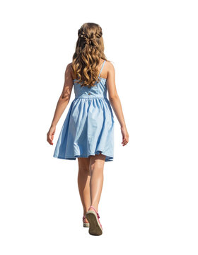 walking girl in a blue dress, view from behind, isolated on transparent background