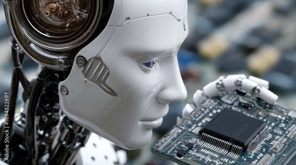 Poster a humanoid robot closely examining a microchip, symbolizing the intersection of artificial intellige