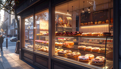 Warm-lit Pastry Shop Window Display at Sunset