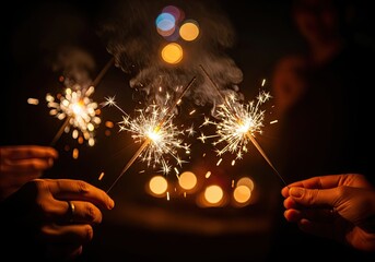 Festive Hands Holding Sparkling Fireworks at Night Celebration Party