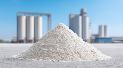 Pile of flour against a blue sky with industrial buildings in the background, showcasing modern manufacturing and milling processes in agriculture