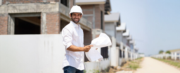 Portrait Hispanic male engineer : Architect and contractor worker planning and architecture working...